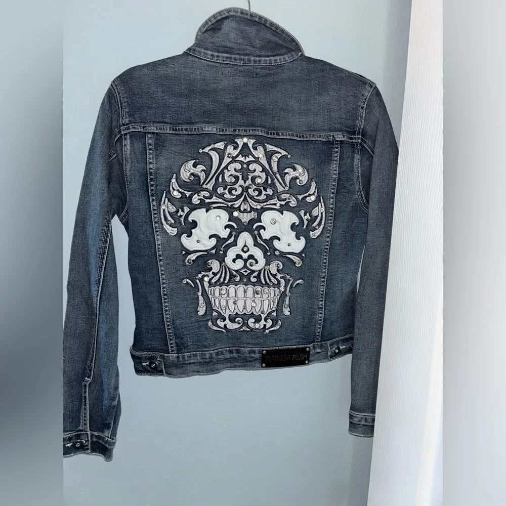 Platinum Plush Rhinestone Denim Jacket with Candy Skull Design - Picture 7 of 8
